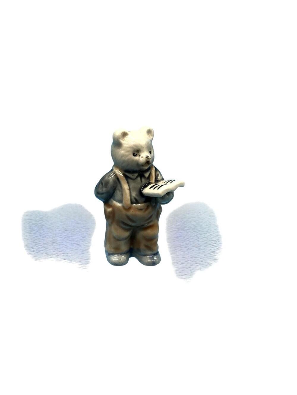 Unmarked Porcelain Bear Figurine Small Standing Overalls Book Brown Gray Decor